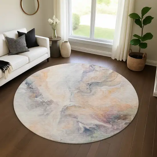 8' Linen Peach And Ivory Abstract Washable Round Rug With UV Protection Photo 3