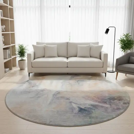 8' Linen Peach And Ivory Abstract Washable Round Rug With UV Protection Photo 1
