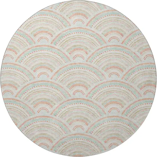 8' Linen Peach And Ivory Geometric Washable Round Rug With UV Protection Photo 3