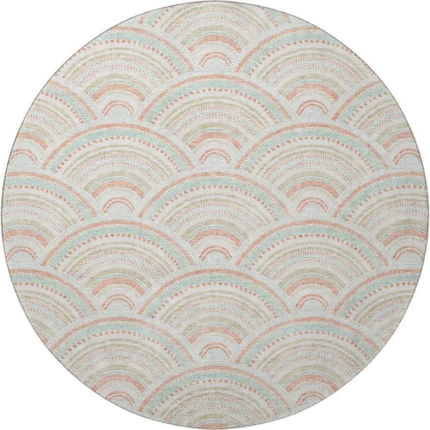 8' Linen Peach And Ivory Geometric Washable Round Rug With UV Protection Photo 3