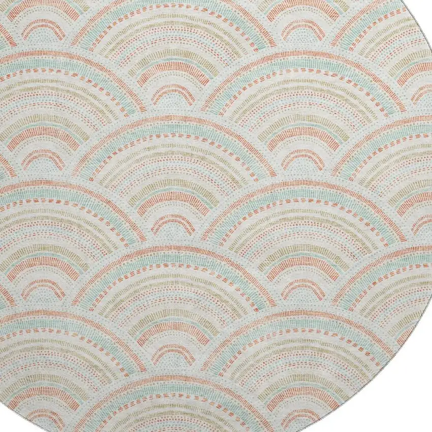 8' Linen Peach And Ivory Geometric Washable Round Rug With UV Protection Photo 2