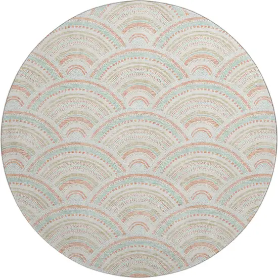 8' Linen Peach And Ivory Geometric Washable Round Rug With UV Protection Photo 1