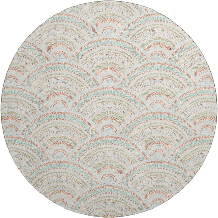 8' Linen Peach And Ivory Geometric Washable Round Rug With UV Protection Photo 1
