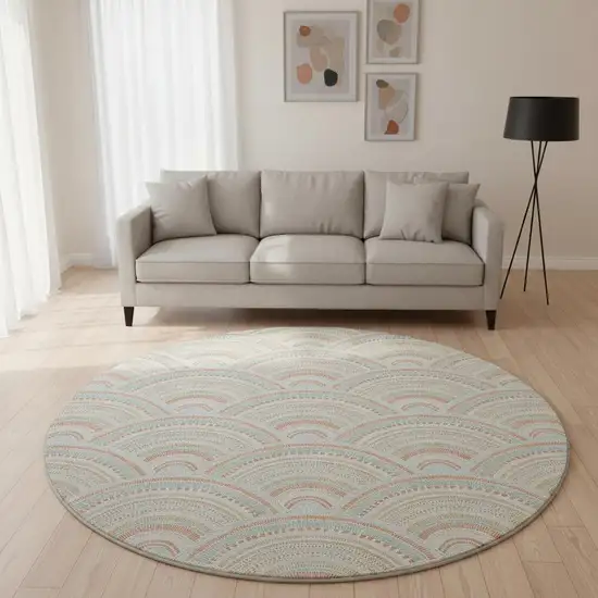 8' Linen Peach And Ivory Geometric Washable Round Rug With UV Protection Photo 2