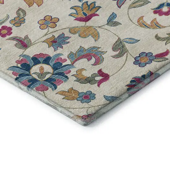 8' Linen Pink And Blue Floral Washable Round Rug With UV Protection Photo 6