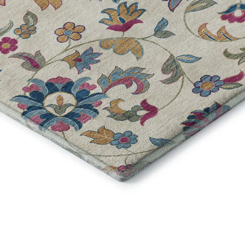 8' Linen Pink And Blue Floral Washable Round Rug With UV Protection Photo 6