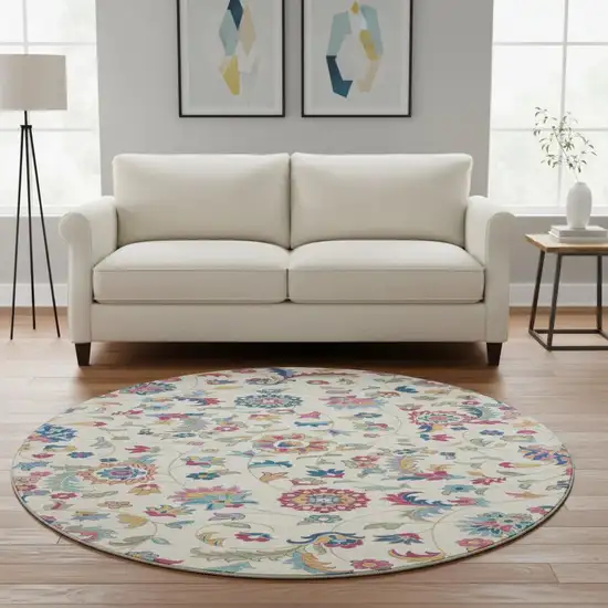 8' Linen Pink And Blue Floral Washable Round Rug With UV Protection Photo 2