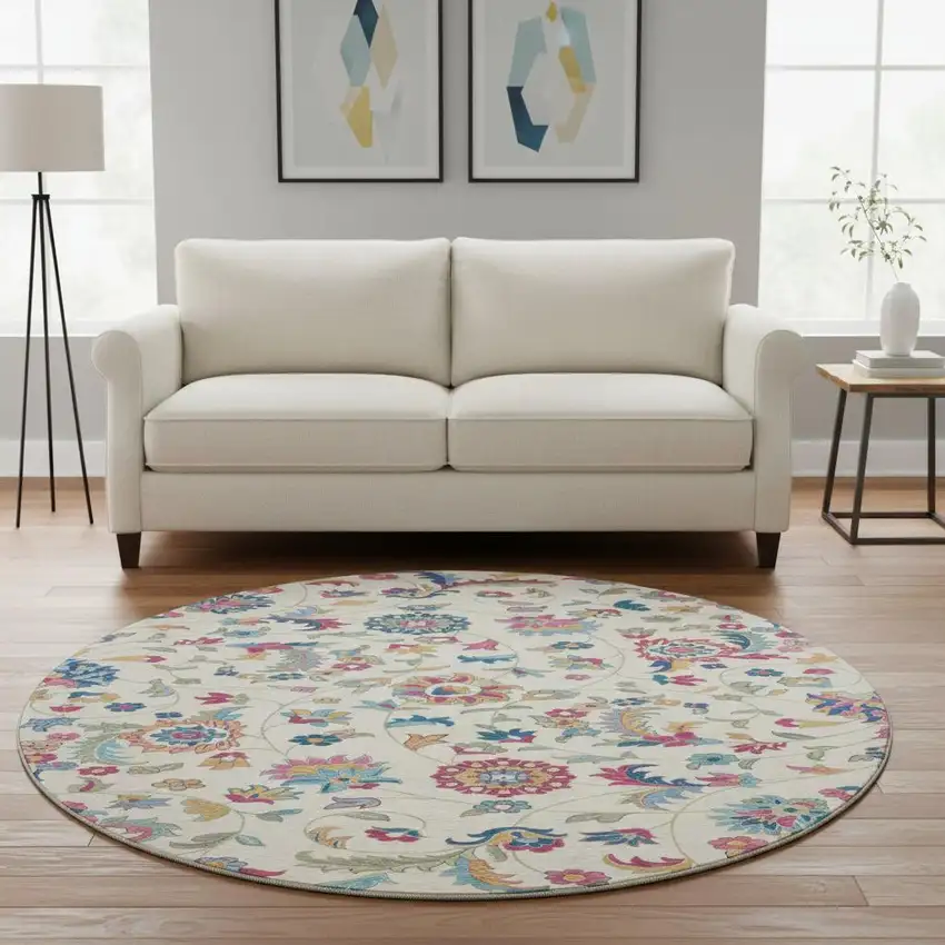 8' Linen Pink And Blue Floral Washable Round Rug With UV Protection Photo 2