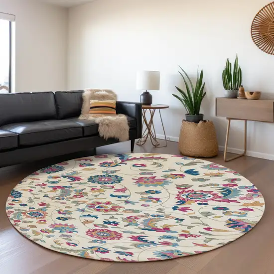 8' Linen Pink And Blue Floral Washable Round Rug With UV Protection Photo 4