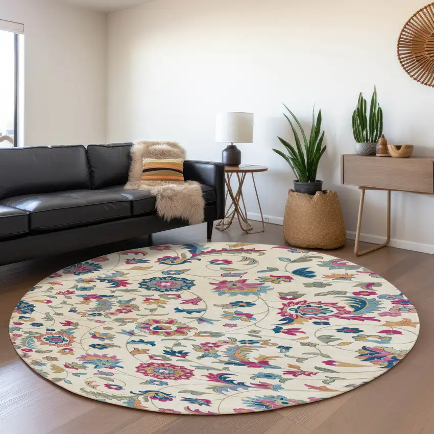 8' Linen Pink And Blue Floral Washable Round Rug With UV Protection Photo 4