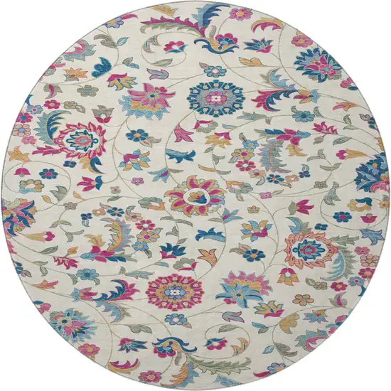8' Linen Pink And Blue Floral Washable Round Rug With UV Protection Photo 3