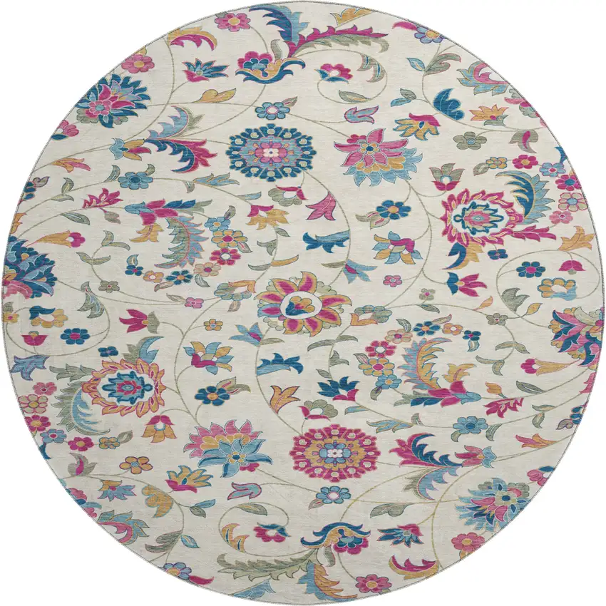 8' Linen Pink And Blue Floral Washable Round Rug With UV Protection Photo 1