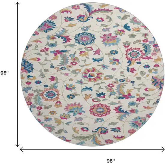 8' Linen Pink And Blue Floral Washable Round Rug With UV Protection Photo 9