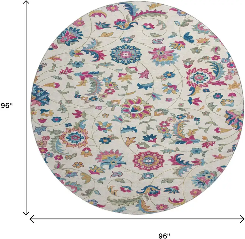 8' Linen Pink And Blue Floral Washable Round Rug With UV Protection Photo 9