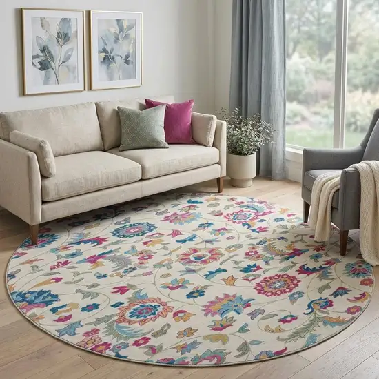 8' Linen Pink And Blue Floral Washable Round Rug With UV Protection Photo 1
