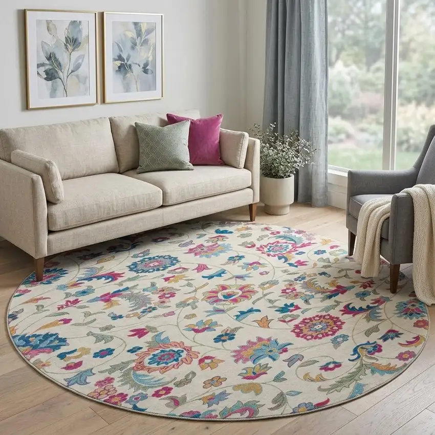 8' Linen Pink And Blue Floral Washable Round Rug With UV Protection Photo 1