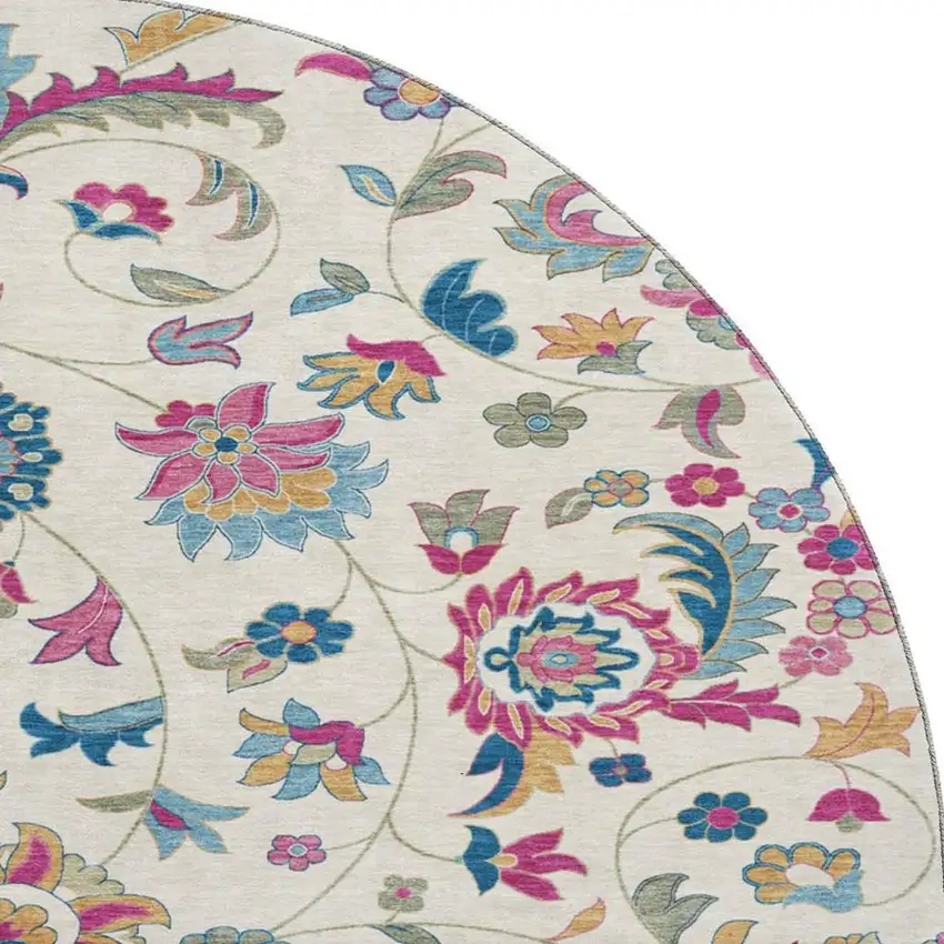 8' Linen Pink And Blue Floral Washable Round Rug With UV Protection Photo 2