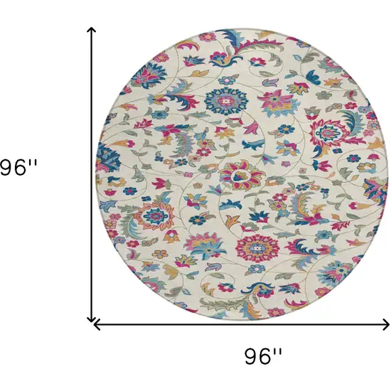 8' Linen Pink And Denim Blue Round Floral Washable Indoor Outdoor Area Rug Photo 3