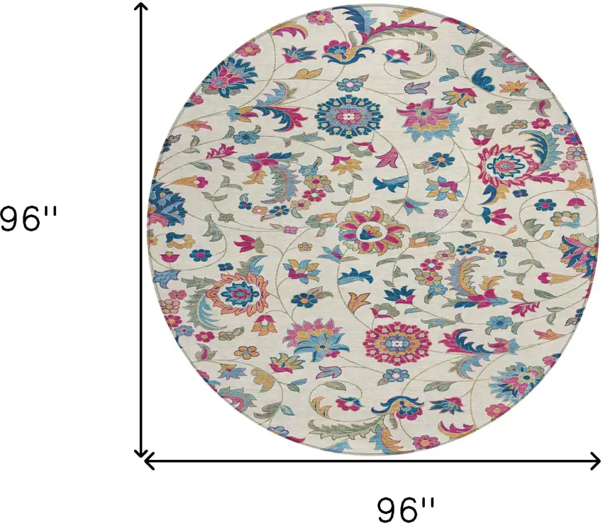 8' Linen Pink And Denim Blue Round Floral Washable Indoor Outdoor Area Rug Photo 3
