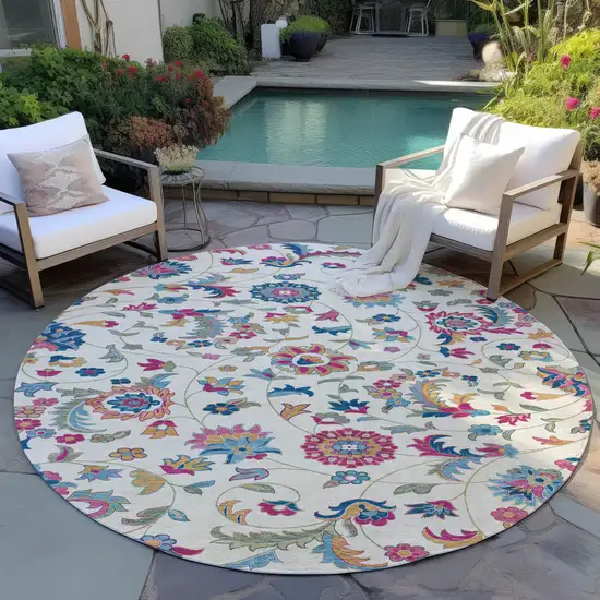 8' Linen Pink And Denim Blue Round Floral Washable Indoor Outdoor Area Rug Photo 7