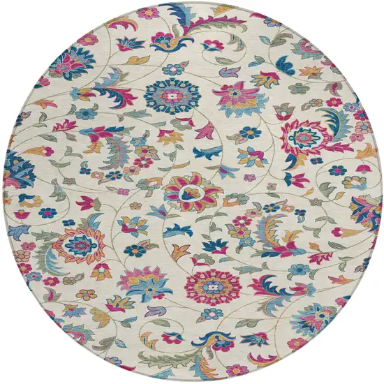 8' Linen Pink And Denim Blue Round Floral Washable Indoor Outdoor Area Rug Photo 2