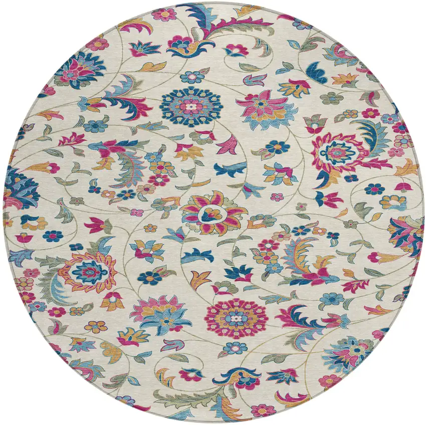 8' Linen Pink And Denim Blue Round Floral Washable Indoor Outdoor Area Rug Photo 2