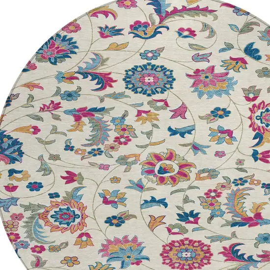 8' Linen Pink And Denim Blue Round Floral Washable Indoor Outdoor Area Rug Photo 4