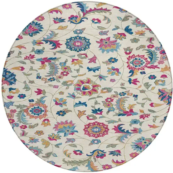 8' Linen Pink And Denim Blue Round Floral Washable Indoor Outdoor Area Rug Photo 6