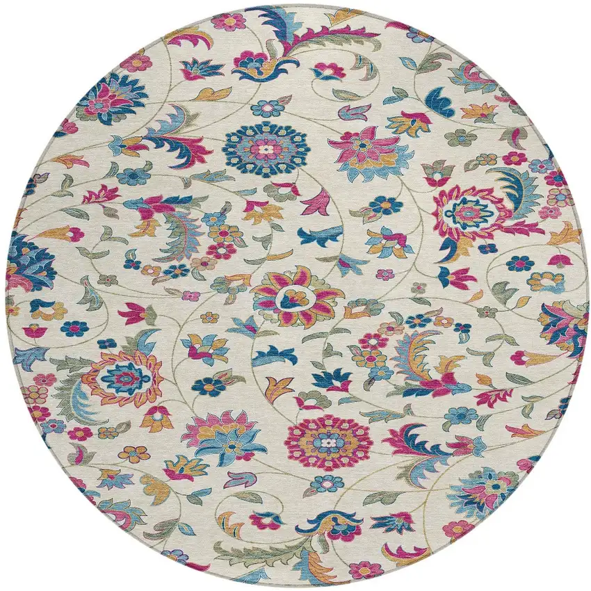 8' Linen Pink And Denim Blue Round Floral Washable Indoor Outdoor Area Rug Photo 6