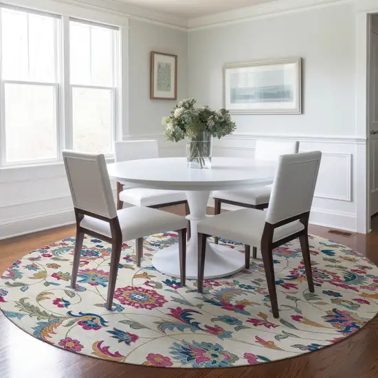 8' Linen Pink And Denim Blue Round Floral Washable Indoor Outdoor Area Rug Photo 8