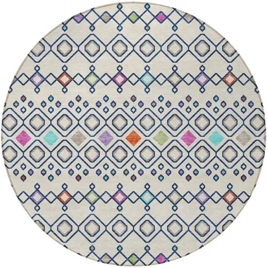 8' Linen Pink And Orange Round Geometric Washable Indoor Outdoor Area Rug Photo 5