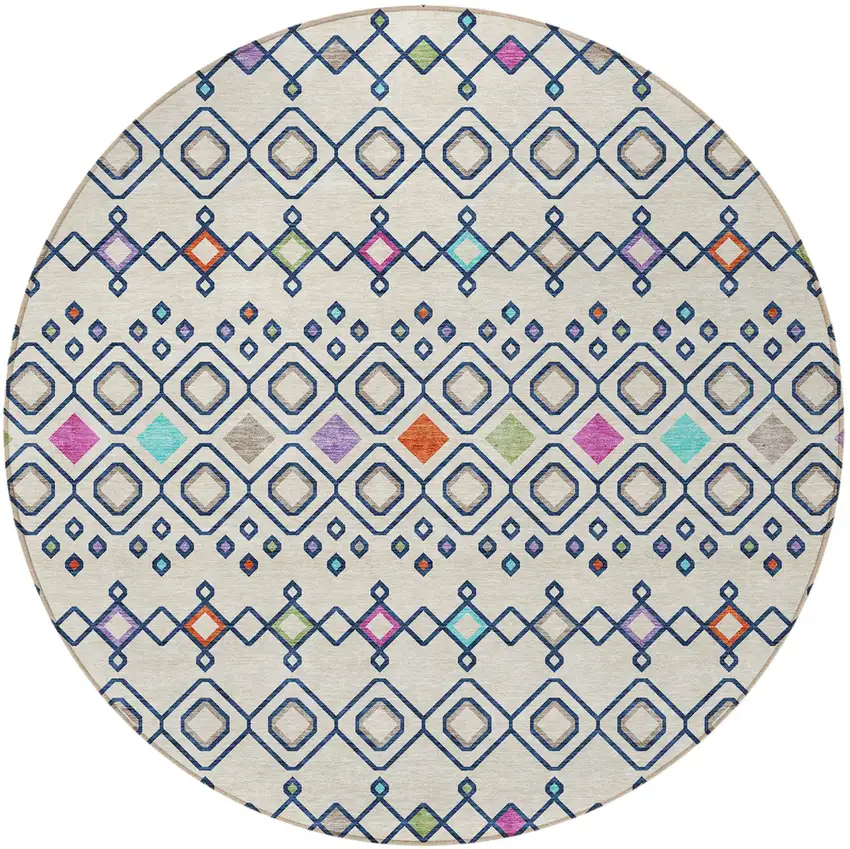 8' Linen Pink And Orange Round Geometric Washable Indoor Outdoor Area Rug Photo 5