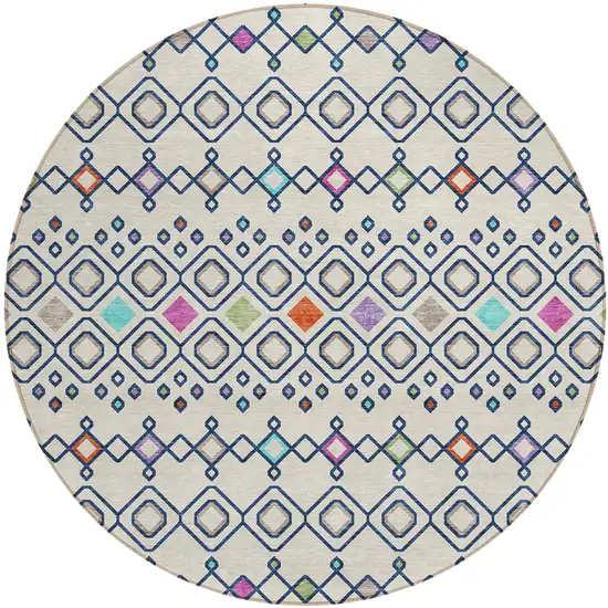 8' Linen Pink And Orange Round Geometric Washable Indoor Outdoor Area Rug Photo 2