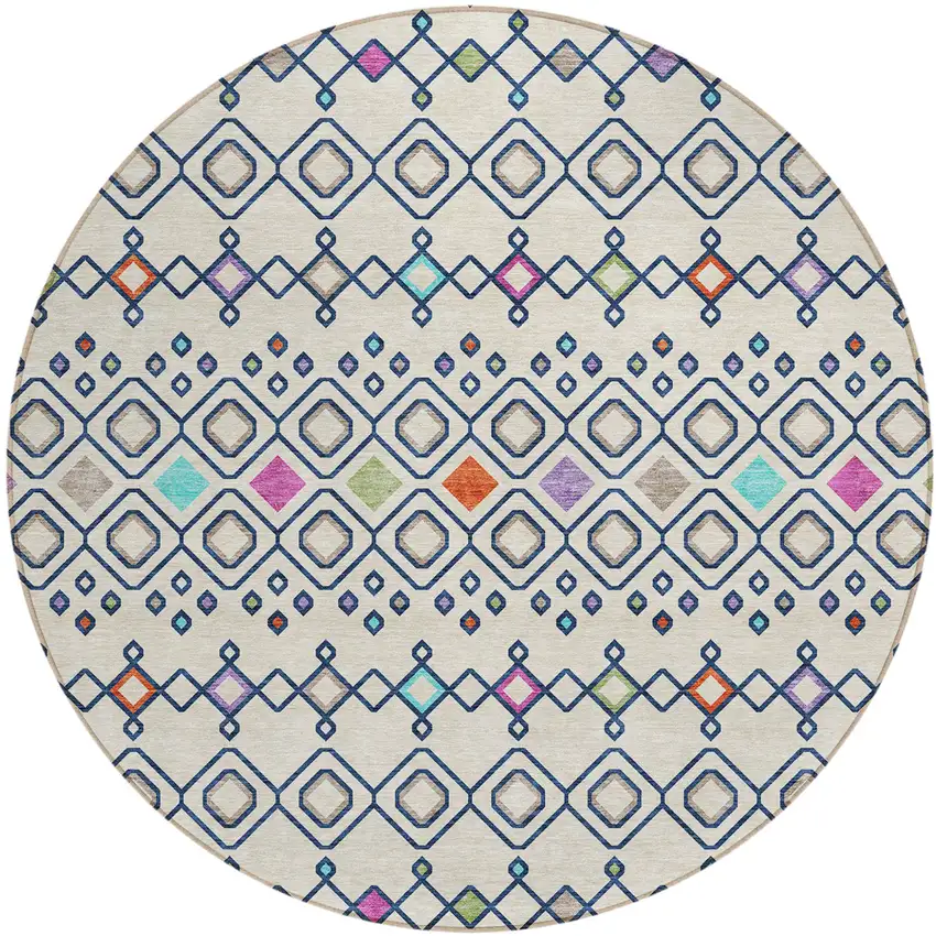 8' Linen Pink And Orange Round Geometric Washable Indoor Outdoor Area Rug Photo 2