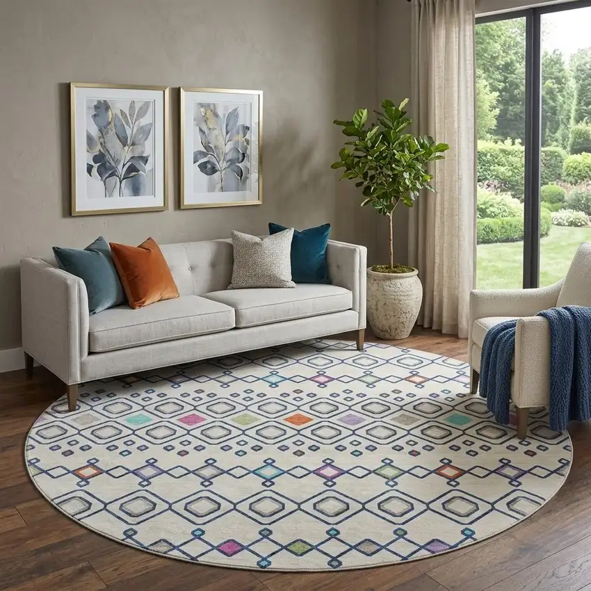 8' Linen Pink And Orange Southwestern Washable Round Rug With UV Protection Photo 1