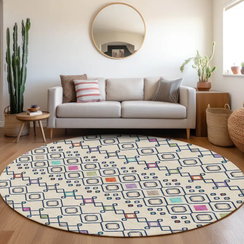 8' Linen Pink And Orange Southwestern Washable Round Rug With UV Protection Photo 4
