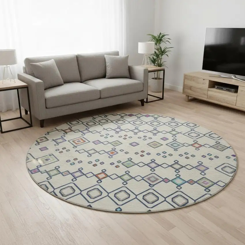 8' Linen Pink And Orange Southwestern Washable Round Rug With UV Protection Photo 2