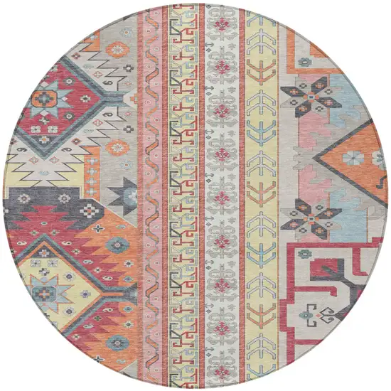 8' Linen Pink And Yellow Round Aztec Washable Indoor Outdoor Area Rug Photo 5