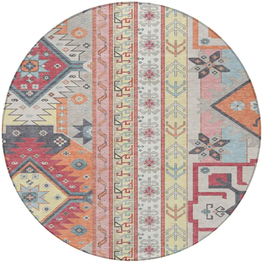 8' Linen Pink And Yellow Round Aztec Washable Indoor Outdoor Area Rug Photo 5
