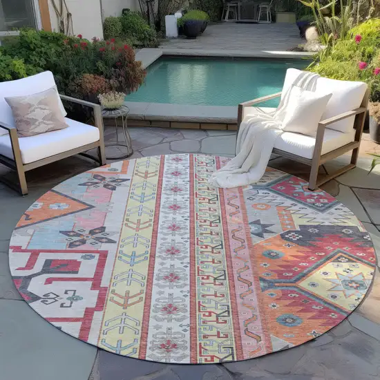 8' Linen Pink And Yellow Round Aztec Washable Indoor Outdoor Area Rug Photo 6