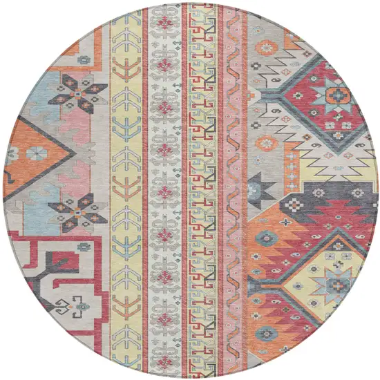 8' Linen Pink And Yellow Round Aztec Washable Indoor Outdoor Area Rug Photo 2