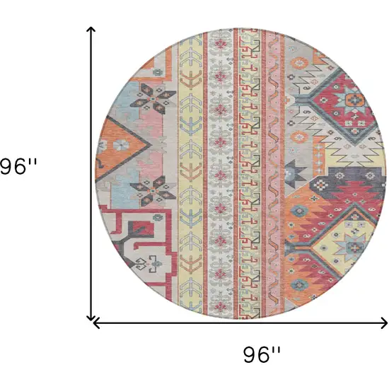 8' Linen Pink And Yellow Round Aztec Washable Indoor Outdoor Area Rug Photo 3