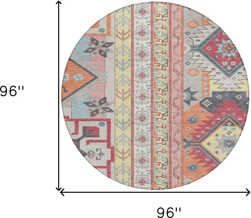 8' Linen Pink And Yellow Round Aztec Washable Indoor Outdoor Area Rug Photo 3