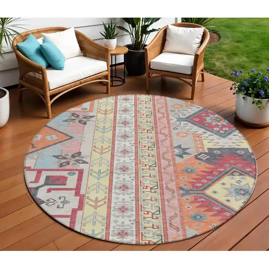 8' Linen Pink And Yellow Round Aztec Washable Indoor Outdoor Area Rug Photo 1