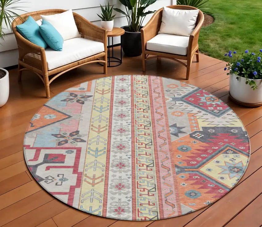 8' Linen Pink And Yellow Round Aztec Washable Indoor Outdoor Area Rug Photo 1