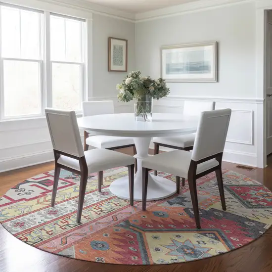 8' Linen Pink And Yellow Round Aztec Washable Indoor Outdoor Area Rug Photo 7