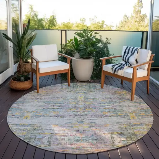 8' Linen Purple And Green Round Abstract Washable Indoor Outdoor Area Rug Photo 8