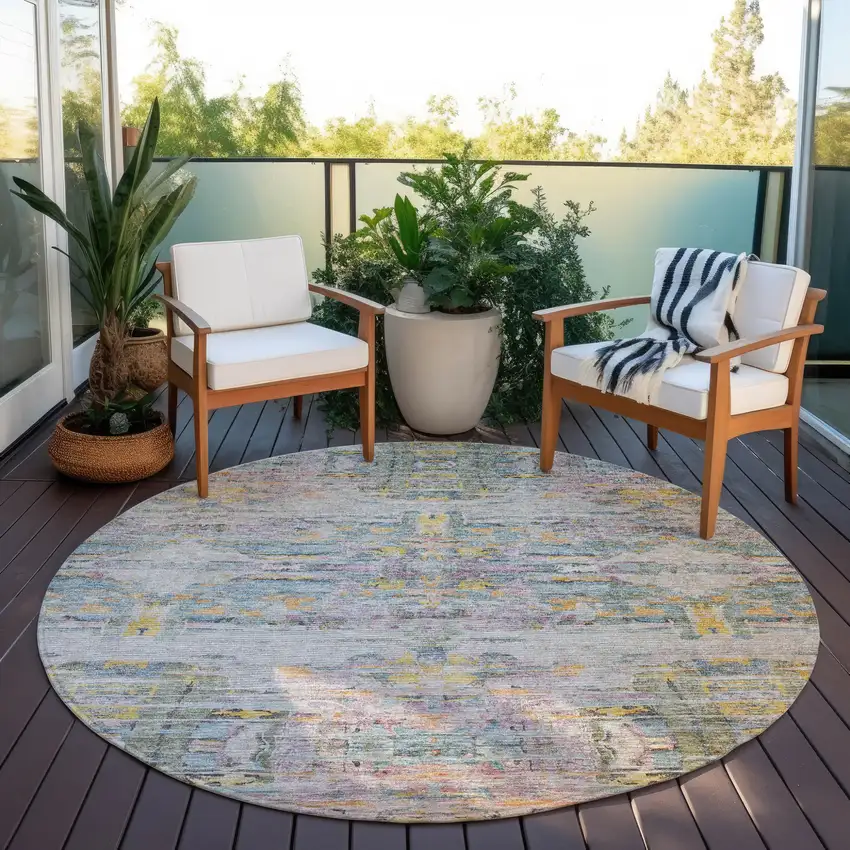 8' Linen Purple And Green Round Abstract Washable Indoor Outdoor Area Rug Photo 8