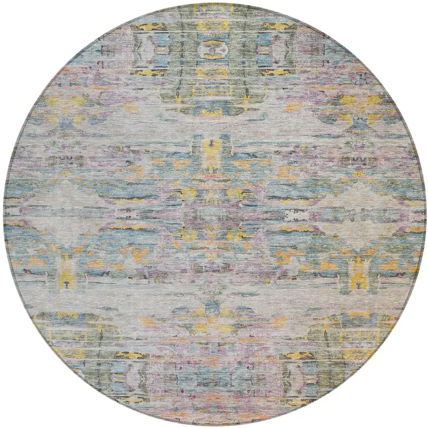 8' Linen Purple And Green Round Abstract Washable Indoor Outdoor Area Rug Photo 2