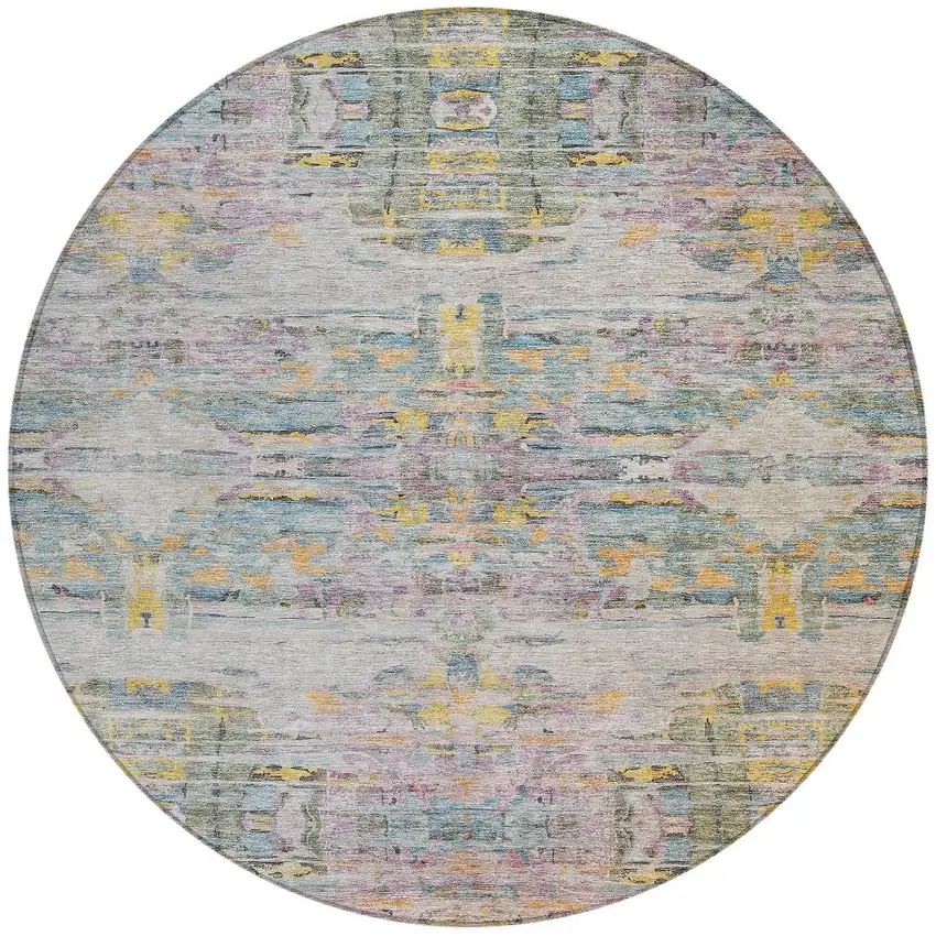 8' Linen Purple And Green Round Abstract Washable Indoor Outdoor Area Rug Photo 7